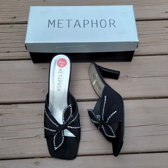Vintage Shoes - Vintage‎ 90s y2k Black Satin Fabric Bling Rhinestone Prom Formal Slide Heels 10